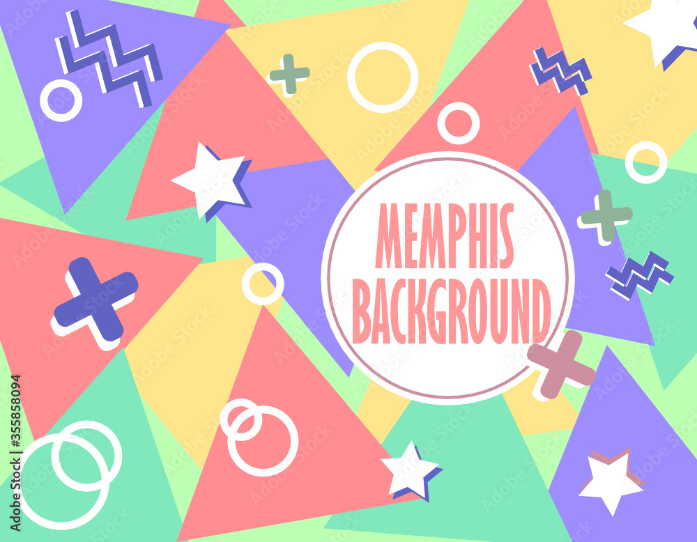 abstract memphis background in pastel colors with large triangles and circles of pink and cute colors.