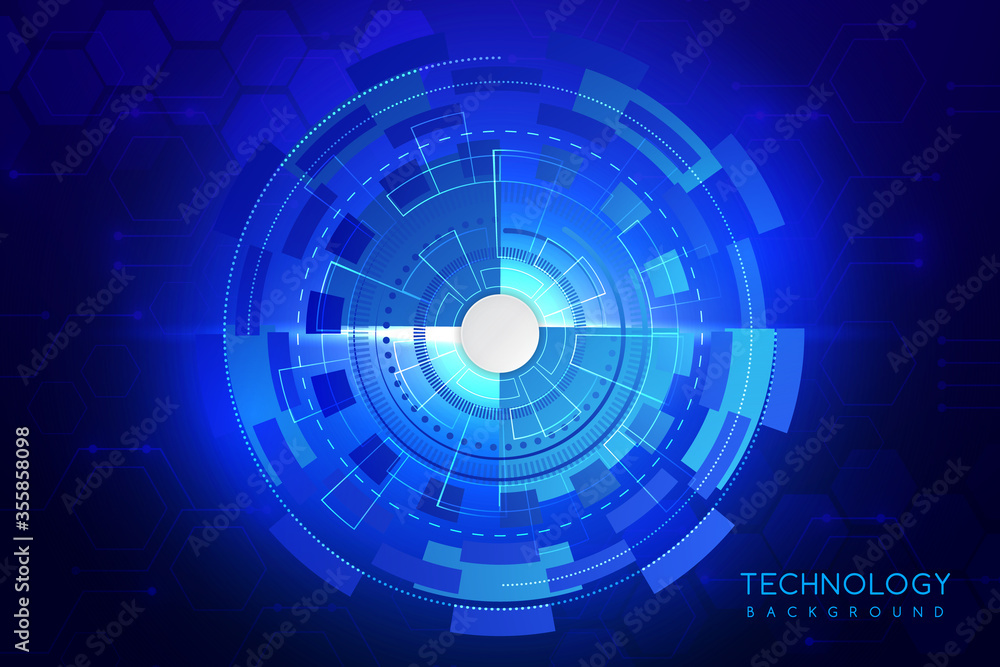 Blue technology background with various technological elements. The concept of innovative hi-tech communications. Digital technology and engineering.