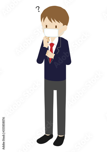 Illustration of a male  high school student wearing a mask (whole body)