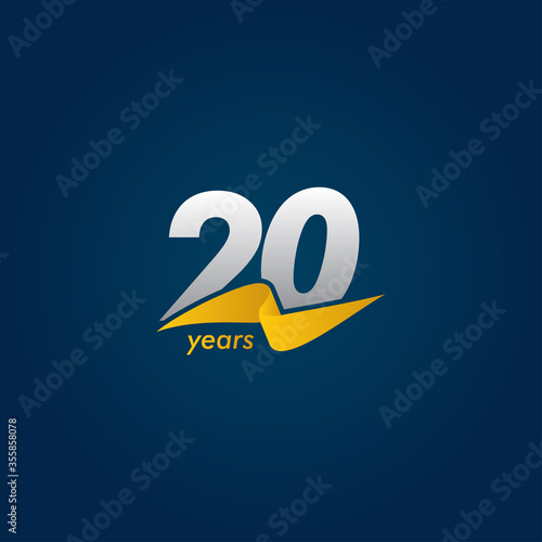 20 Years Anniversary Celebration White Blue and Yellow Ribbon Vector Template Design Illustration