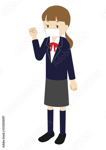 Illustration of a female high school student wearing a mask (whole body)