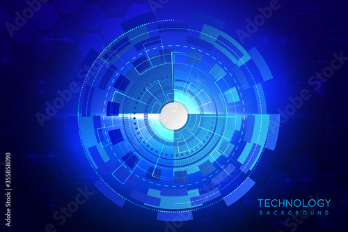 Blue technology background with various technological elements. The concept of innovative hi-tech communications. Digital technology and engineering.