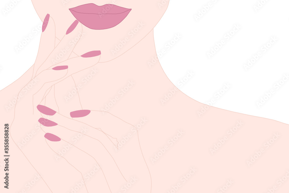 Beautiful girl showing a color of Manicure Nails and color lipstick on her lip. Cosmetic, make up, spa, nail salon concept. Beautiful girl showing a color of Manicure Nails and color lipstick on her lip. Cosmetic, make up, spa, nail salon concept.