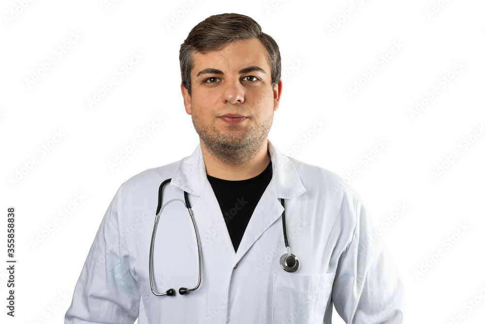 Happy caucasian man posing as a medical doctor in white overall or scrub with stethoscope around a neck. Isolated on white background. Happy caucasian man posing as a medical doctor in white overall or scrub with stethoscope around a neck. Isolated on white background.