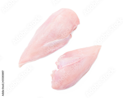 Raw chicken meat, fillet of chicken breast isolated on white background, top view