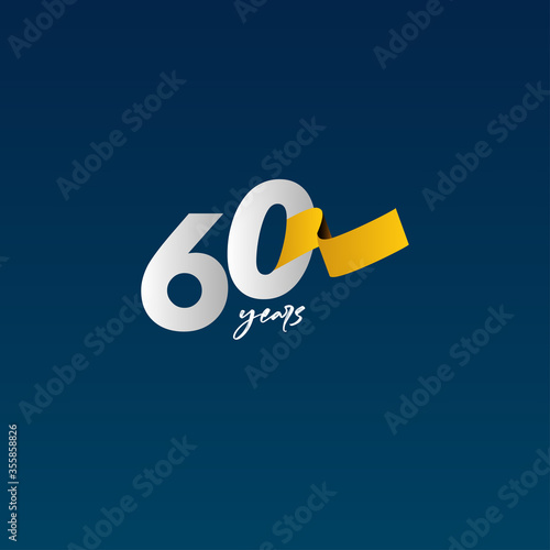 60 Years Anniversary Celebration White Blue and Yellow Ribbon Vector Template Design Illustration
