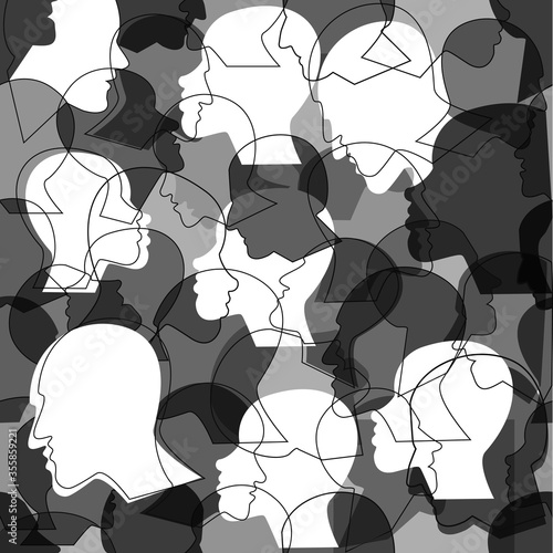 Black people, white people. Seamless pattern of a crowd of many different people profile heads. Vector background.