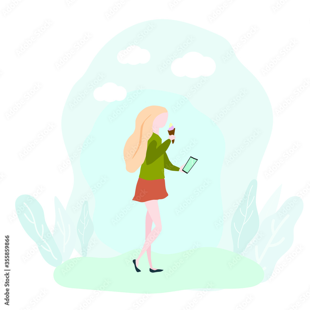 Girl eats ice cream and looks at the smartphone. Vector illustration.