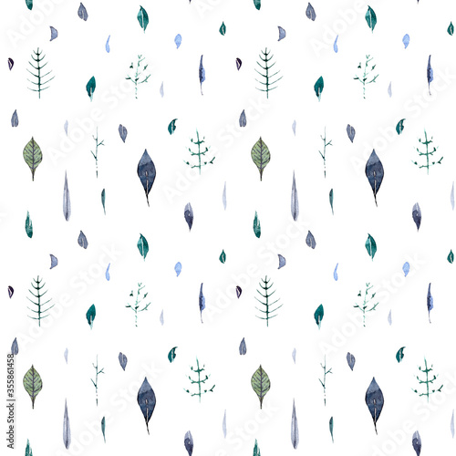 watercolor seamleass pattern with green, blue leaves, branches for print, textile, design photo