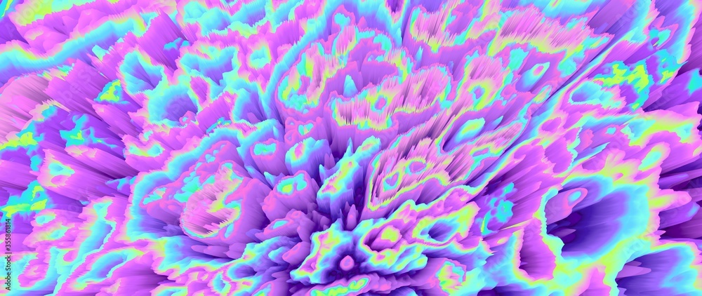 Color explosion. Abstract paint splash. Ultra wide wallpaper. Multicolor glow. Fractal. Digital art. Futuristic surreal texture. 3d illustration. Creative neon colors background.