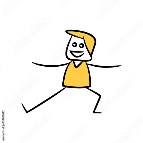 happy man doing yoga, yellow stick figure theme