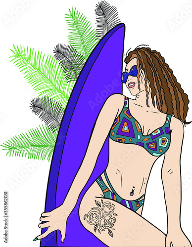Pretty girl in swimsuit with tattoo and surfboard and leaves on background. Hand drawn vector young woman, tropical leaves, bright decorated swimsuit and surfboard. Isolated on white background.