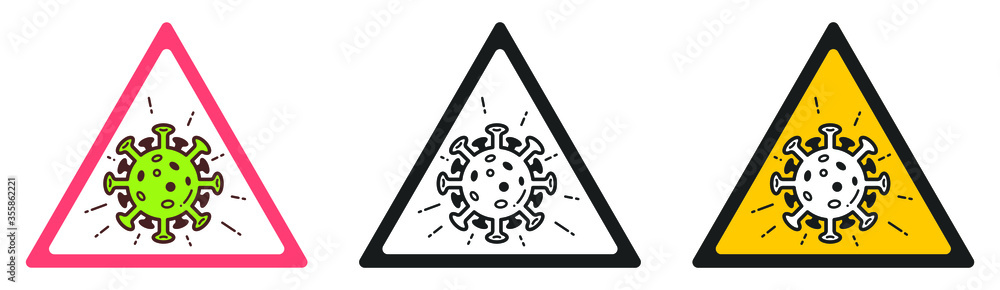 Pandemic Coronavirus Icon Infographic. Triangle Sign Stop Caution Warning COVID 19. World Pandemic Medical Concept. Vector Illustration. Pandemic Coronavirus Icon Infographic. Triangle Sign Stop Caution Warning COVID 19. World Pandemic Medical Concept. Vector Illustration.