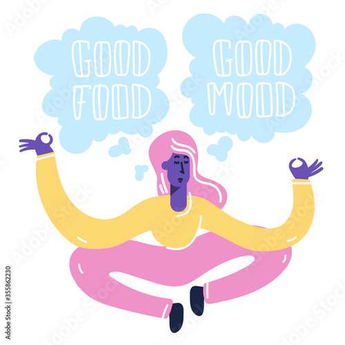 Good Food, Good Mood. Vegan Character. Vegan Concept, Lettering. Vegan slogan for package design, web, print t-shirt totebag, souvenir, card etc.