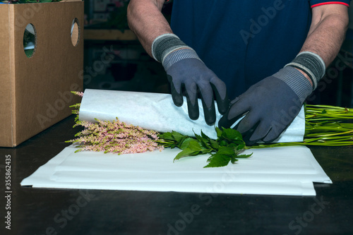 Photography A man worker is packing flowers in cardboard boxes  and preparing them for the m