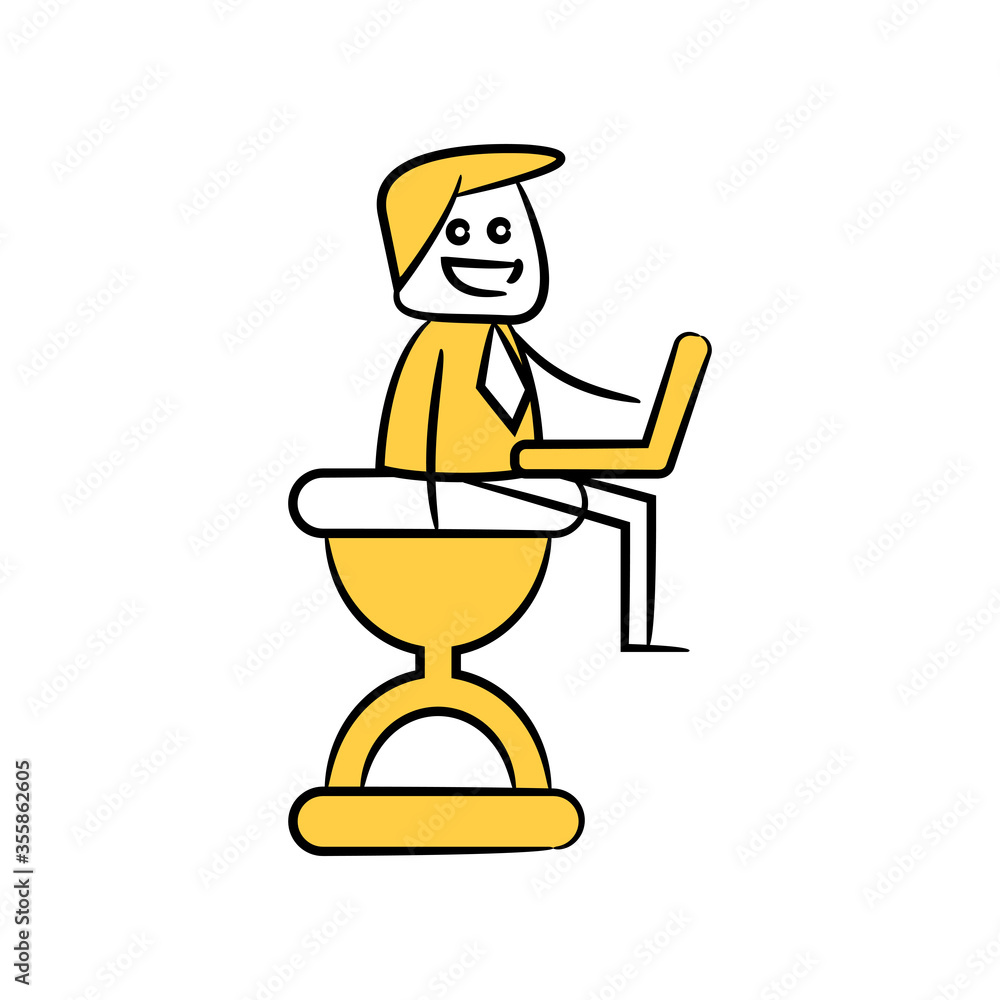 businessman working on laptop and sitting on hourglass yellow stick figure design