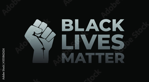 Black lives matter modern minimalist creative banner, sign, cover, design concept with black power fist, and grey text on a dark background. 