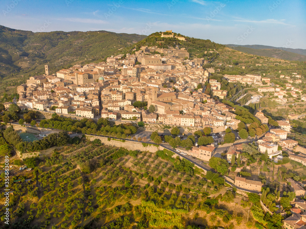 Historic Tuscany town, beautiful old buildings, shot by a drone in Italy.
