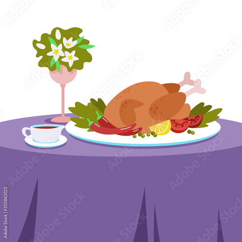 Dinner on a table covered with a tablecloth. Baked chicken with vegetables and tomato sauce. Vector illustration in flat style.