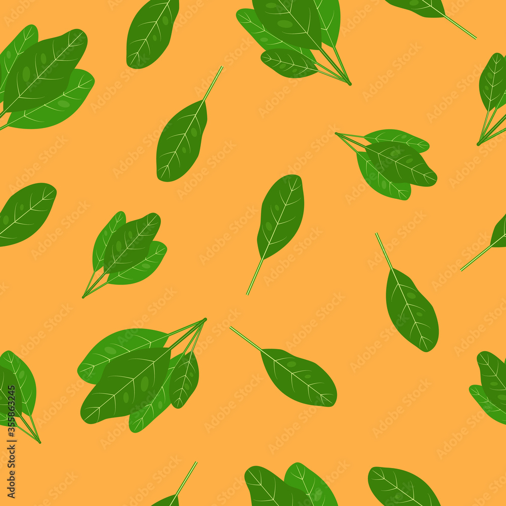Bright seamless pattern. Summer vector background with green leaves spinach on a orange background. For design of fabrics, packaging and wallpapers. Bright seamless pattern. Summer vector background with green leaves spinach on a orange background. For design of fabrics, packaging and wallpapers.
