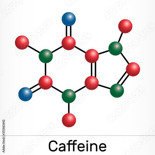 Caffeine, purine alkaloid, psychoactive drug molecule. Paper packaging for drugs