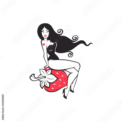 strawberry girl, lovely pinup lady sitting on red strawberry berry