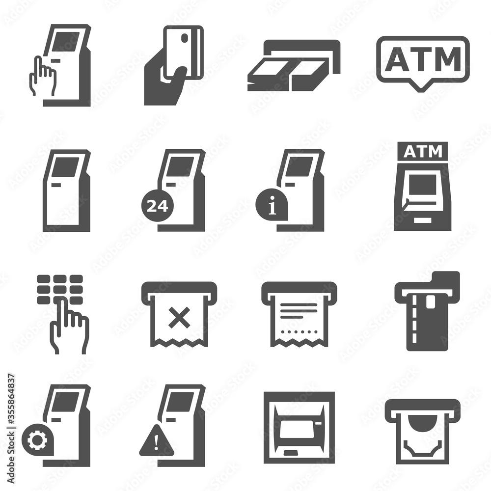 Cash dispenser, ATM black and white icons set. Terminal, minibank, banking pictograms collection. Cash dispenser, ATM black and white icons set. Terminal, minibank, banking pictograms collection.