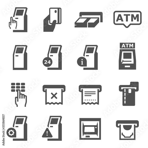 Cash dispenser, ATM black and white icons set. Terminal, minibank, banking pictograms collection.