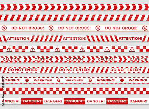 Red danger, barrier, construction tapes realistic set. Warning, caution, barricade, police stripes.