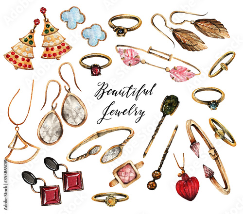 Fototapeta Naklejka Na Ścianę i Meble -  Watercolor Fashion Illustration. set of trendy accessories. Jewelry made of gold. rings, earrings, bracelets, pendants