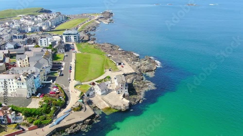 Aerial view on sandy Beach and coast of Atlantic Ocean in Portrush Northern Ireland, Top view on small coastal town 