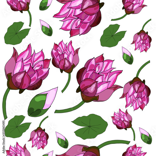 Natural seamless pattern with leaves and lotuses on a white background. 