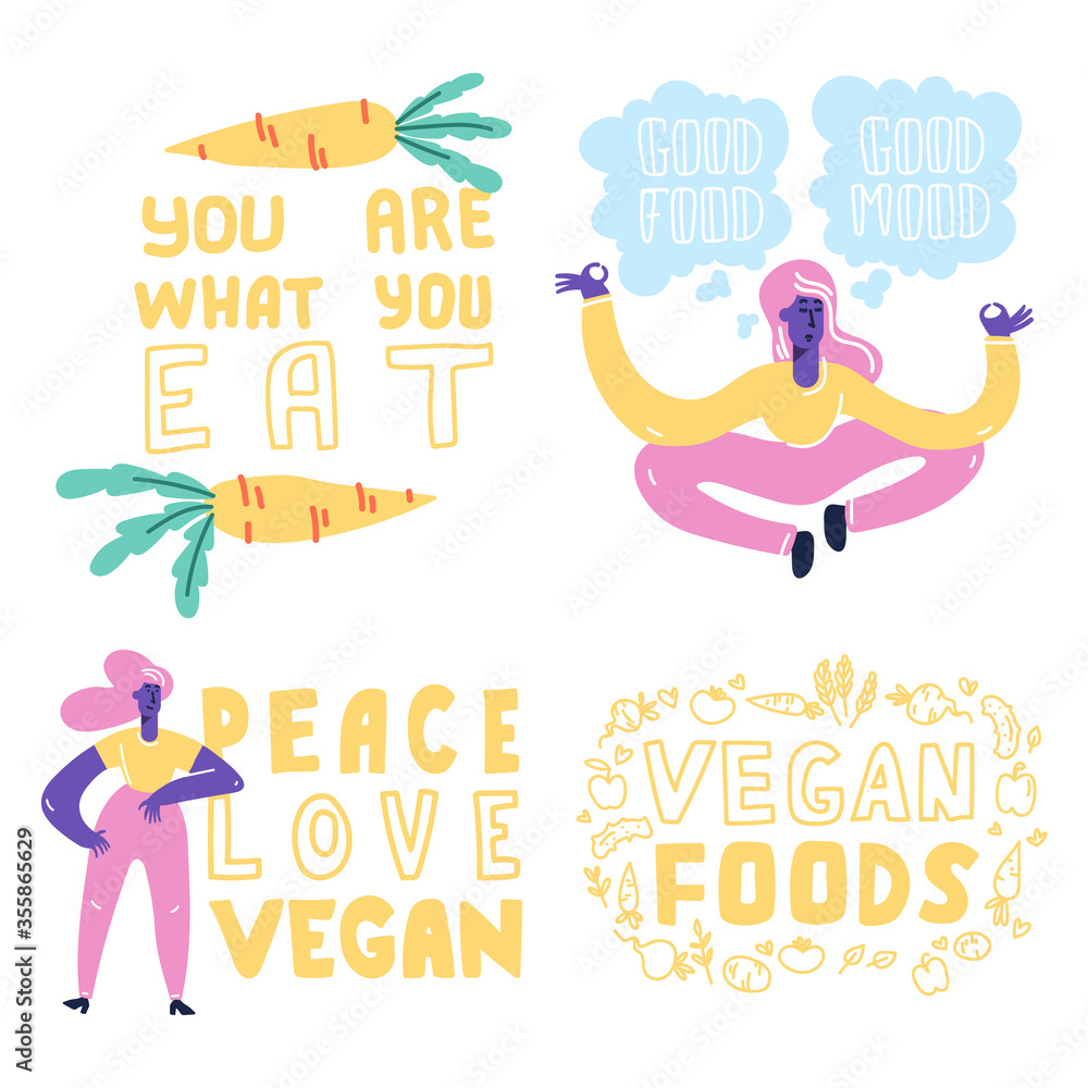 Set of Vector Vegan Signs. Vegan Foods. Plant based vegan diet symbols.Vegan slogan for package design, web, print t-shirt, logo, poster, symbol, design, decor, textile, paper, card. Set of Vector Vegan Signs. Vegan Foods. Plant based vegan diet symbols.Vegan slogan for package design, web, print t-shirt, logo, poster, symbol, design, decor, textile, paper, card.
