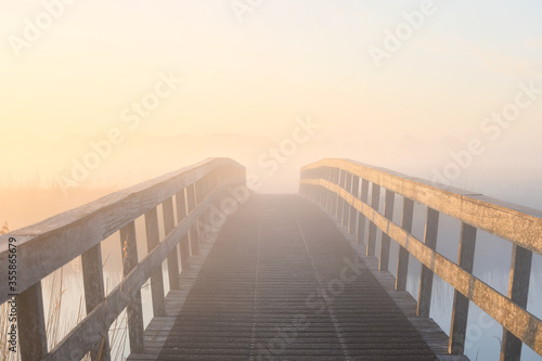 wooden bridge in dense fog at sunrise
