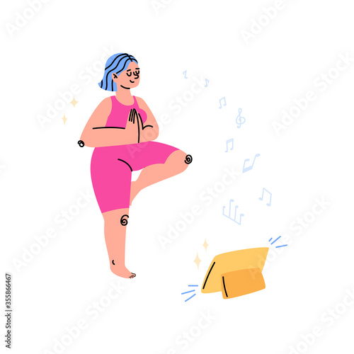 A cute cartoon girl in pink sportswear is standing in a yoga pose in front of a tablet. A woman with blue hair joined her hands in a pose and enjoys pleasant music. Online yoga, meditation concept.