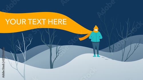 Time to purchase winter clothes flyer or banner concept - snowy landscape, human character stay at snowdrifts and bare trees with  a flowing scarf that is a place for text