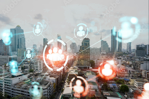 Photography Multi exposure of Bangkok cityscape day time and social network hologram