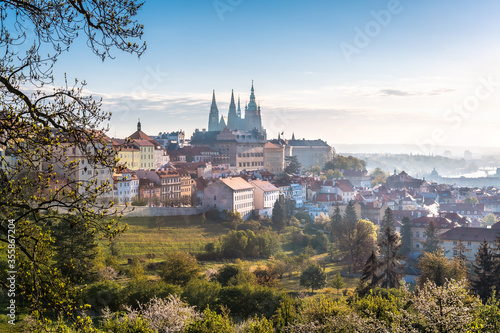 Prague Castle, St. Vitus cathedral and the UNESCO heritage site of the old city center during early morning, Czech Republic