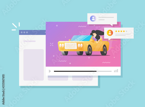 Car review video online service or automobile testimonial feedback internet blog and customer rating stars bubble vector flat cartoon, idea of vehicle rank or test drive web access modern image