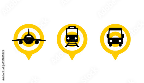 Online ticket booking service icons - airplane, train and bus silhouette in geo pointer shape - set of vector transport silhouettes