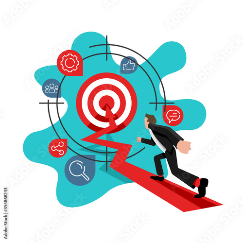 Goal achievement, hitting the target and succesful management business concept - vector illustration with businessman, direction arrow, aim with target and scattered management icons around