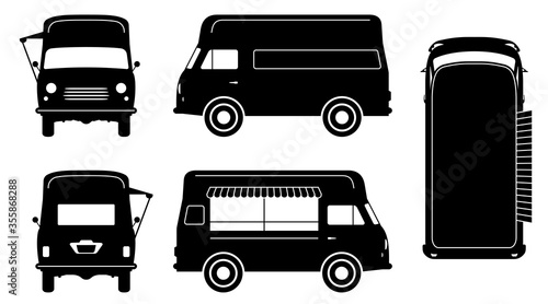 Vintage food truck silhouette on white background. Vehicle icons set view from side, front, back, and top