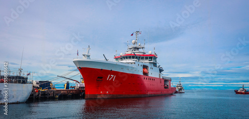 Punta Arenas  Chile - November 09  2019   Big Red and White Ship in the Punta Arenas Port