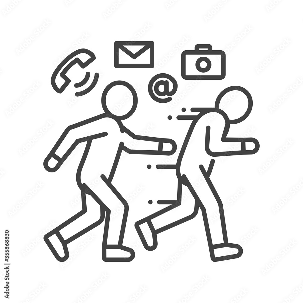 Pursuit black line icon. Invasion of privacy. Harassment, and violence. Human rights. Sign for web page, mobile app, button, logo. Editable stroke. Pursuit black line icon. Invasion of privacy. Harassment, and violence. Human rights. Sign for web page, mobile app, button, logo. Editable stroke.