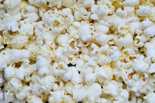 A close up of freshly popped popcorn. 