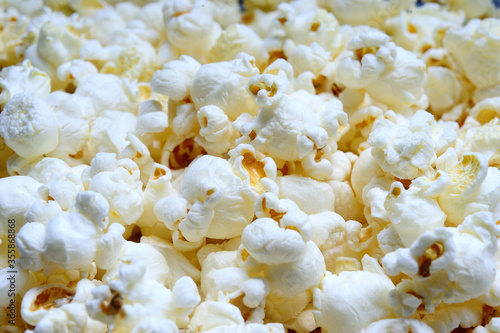 A close up of freshly popped popcorn. 