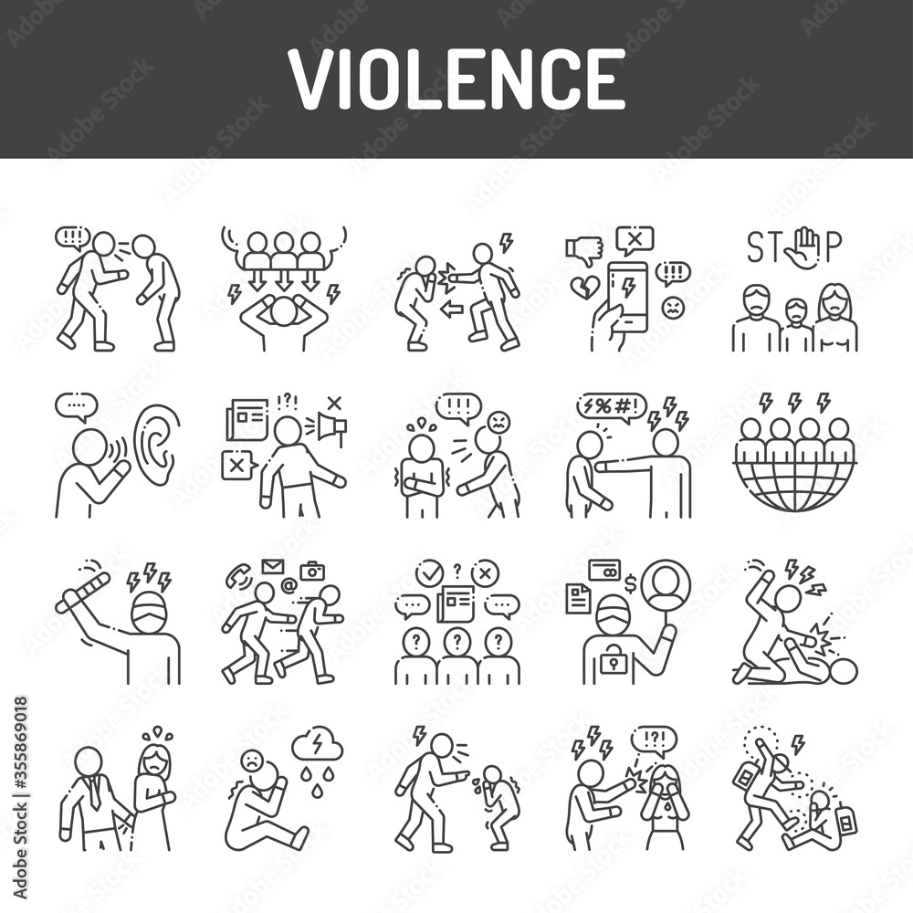 Violence black line icons set. Harassment, social abuse and bullying. Signs for web page, mobile app, button, logo. Editable stroke.
