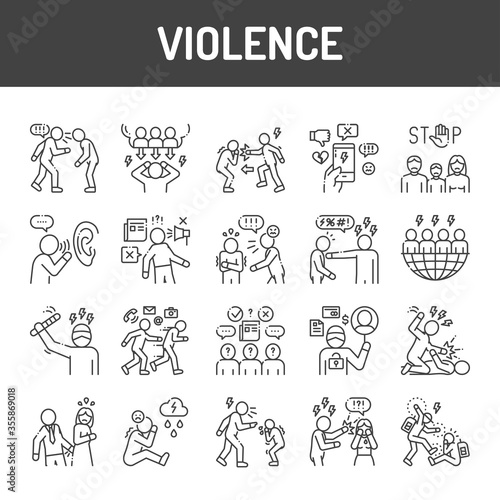 Violence black line icons set. Harassment, social abuse and bullying. Signs for web page, mobile app, button, logo. Editable stroke.