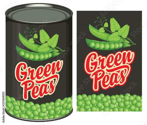 Green peas label and tin can with this label. Vector banner in retro style for canned food, long-term storage product. Label design with a realistic green peas, pods, tendrils, leaves and inscription