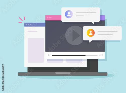 Internet video call online player on laptop computer website window or pc digital web webinar discussion service vector flat cartoon illustration, concept internet tutorial or courses modern design